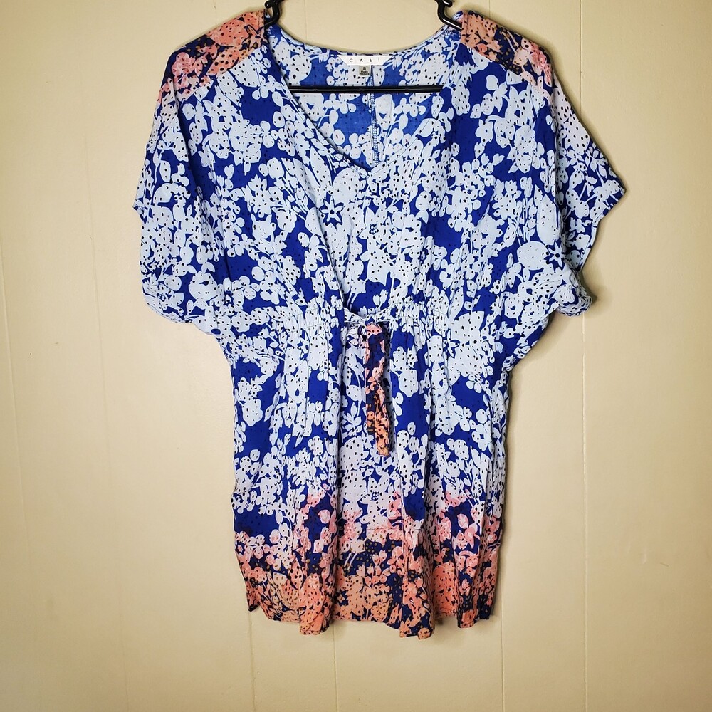 Cabi Blue and Peach Floral Tie Top Size Small